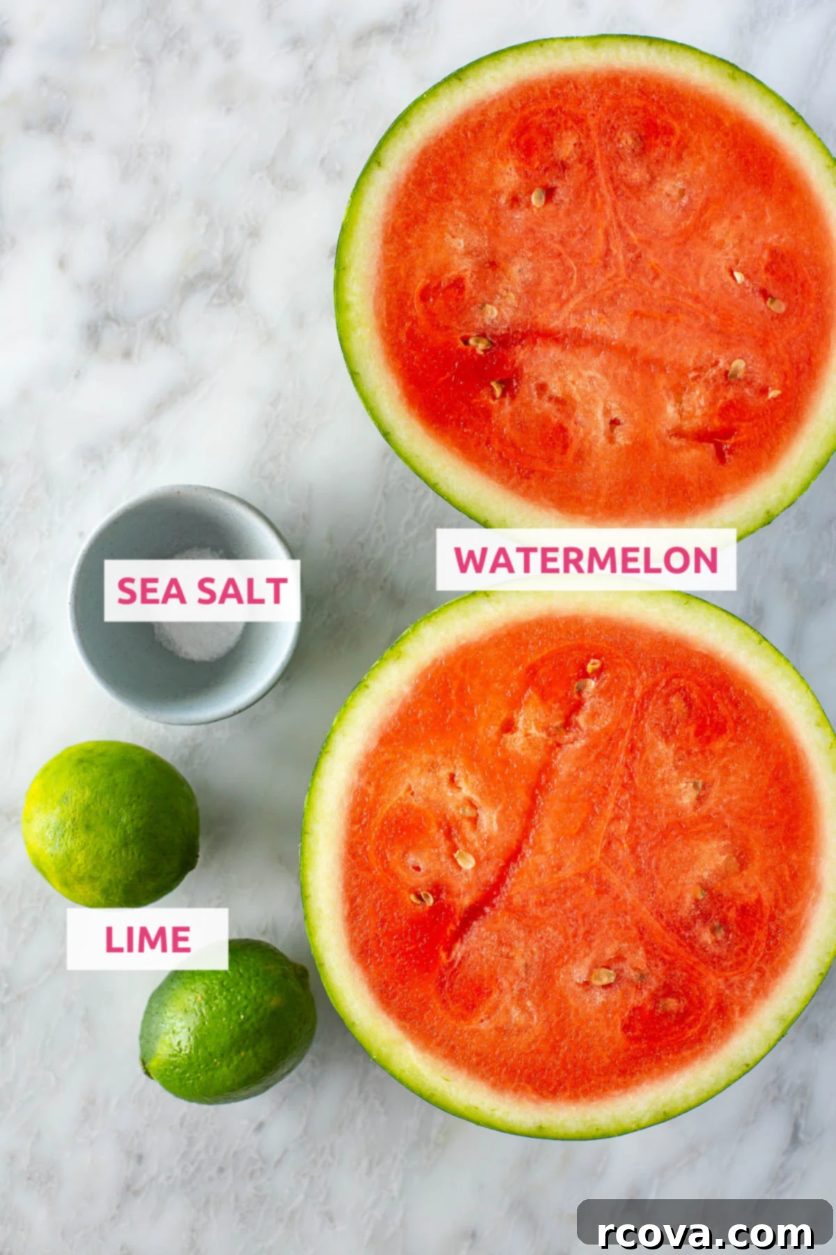 Ruby Red Watermelon Refresher 4 Overhead shot of watermelon juice ingredients with labels including watermelon, lime, and a sprinkle of salt.