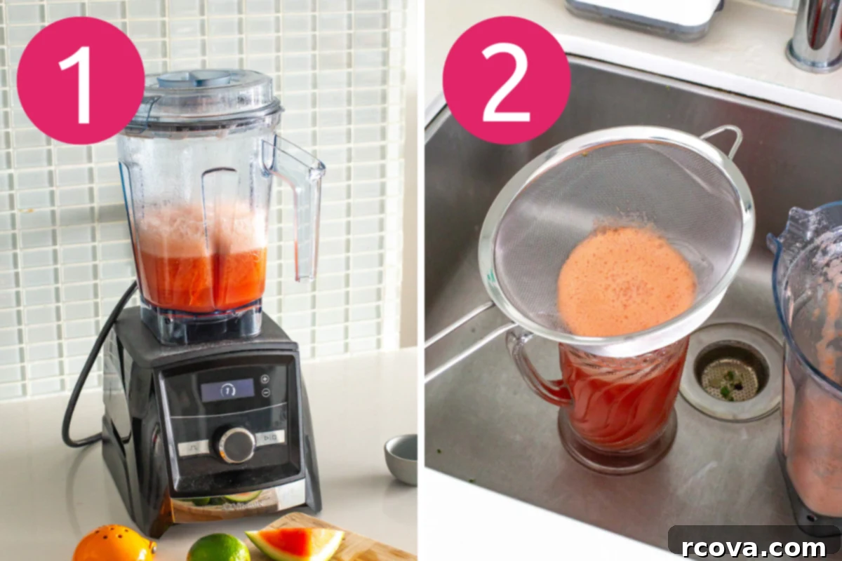 Ruby Red Watermelon Refresher 5 Collage image of step 1 & 2 of Watermelon Juice Recipe, showing blending and straining.