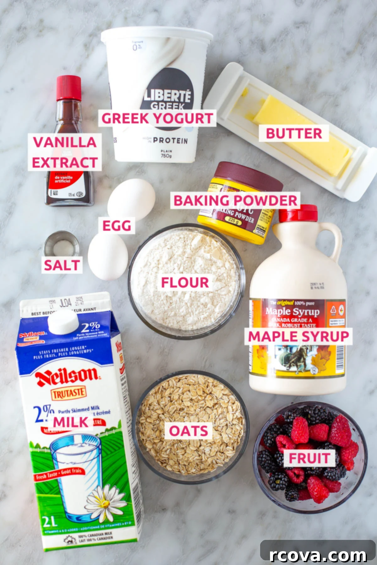 Protein-Packed Greek Yogurt Pancakes 4 Overhead shot of High Protein Greek Yogurt Pancakes ingredients with labels.