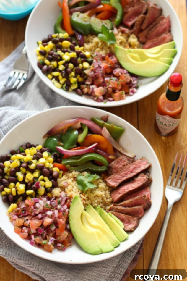 Southwest Steak Quinoa Burrito Bowl 2 Flavorful Steak and Quinoa Burrito Bowl with fresh salsas, ideal for meal prep.