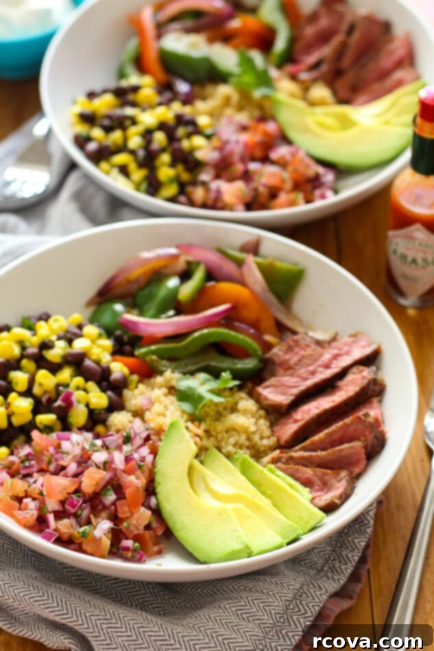 Southwest Steak Quinoa Burrito Bowl 6 Cooked quinoa, the healthy base for Steak and Quinoa Burrito Bowls.