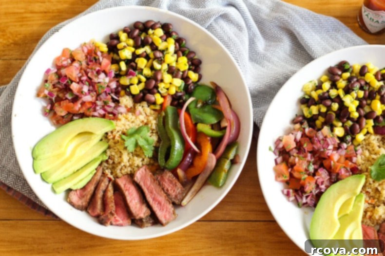 Southwest Steak Quinoa Burrito Bowl 7 A close-up of a colorful and fresh Steak and Quinoa Burrito Bowl.