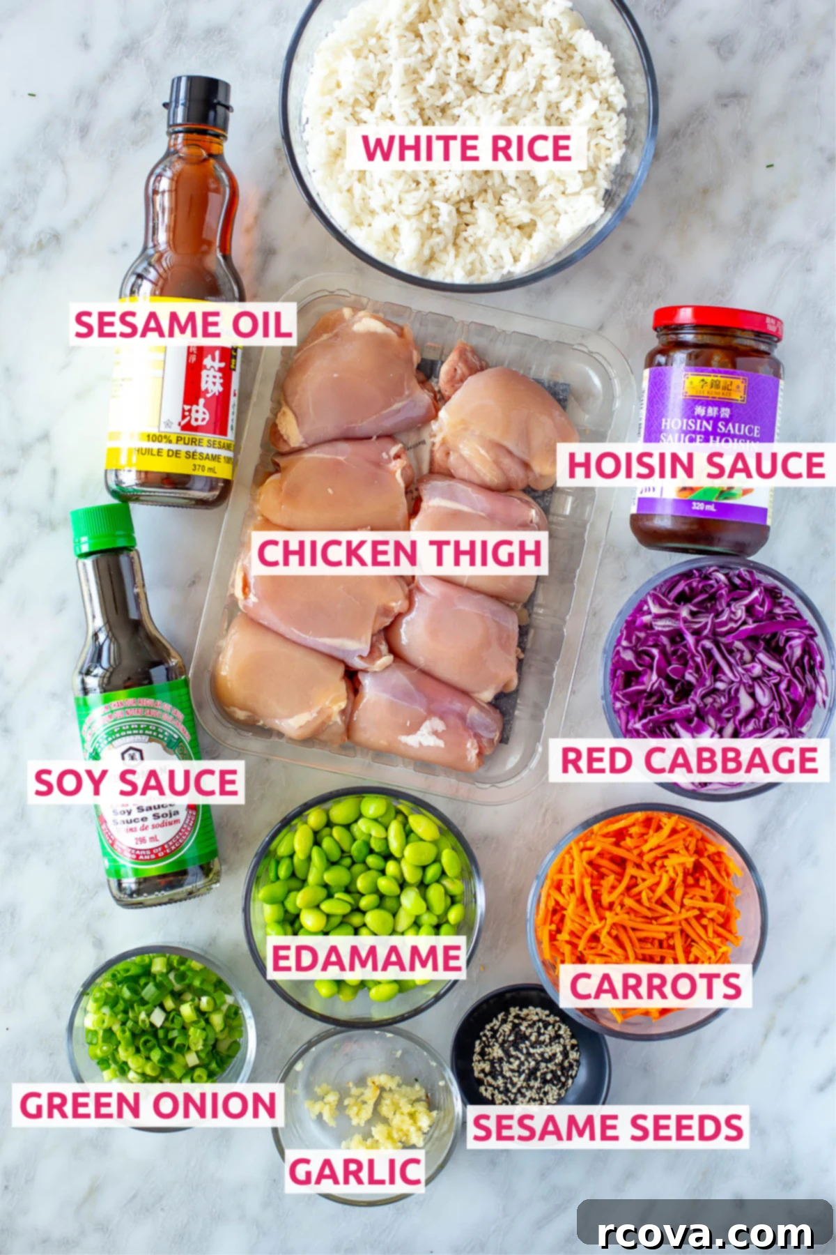 Weeknight Teriyaki Bowl 4 Overhead shot of Easy Teriyaki Bowl ingredients, including raw chicken, bowls of rice, various sauces, and colorful fresh vegetables with labels.