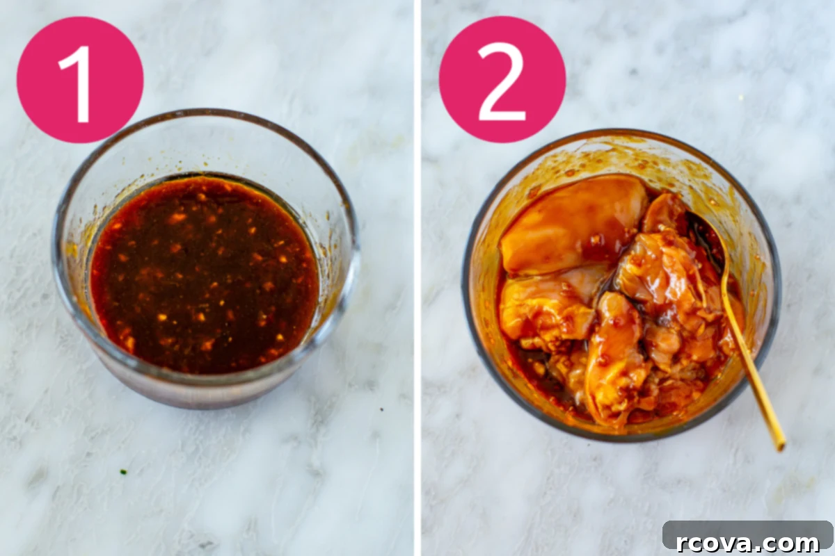Weeknight Teriyaki Bowl 5 Collage image showing Step 1: mixing teriyaki sauce ingredients and Step 2: raw chicken being added to the marinade.