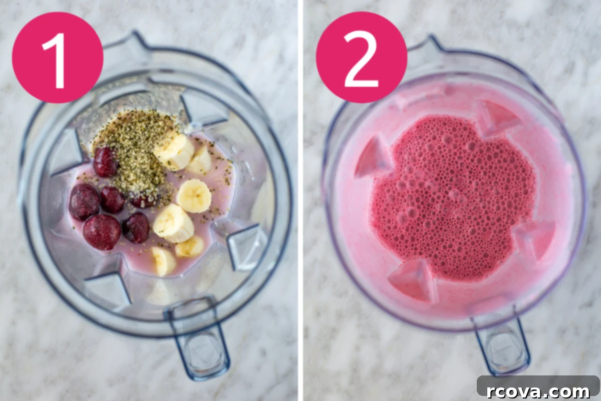 Blissful Cherry Smoothie 5 A two-part collage showing the first two steps of making an Easy Cherry Smoothie: adding ingredients to the blender and then blending them until smooth.