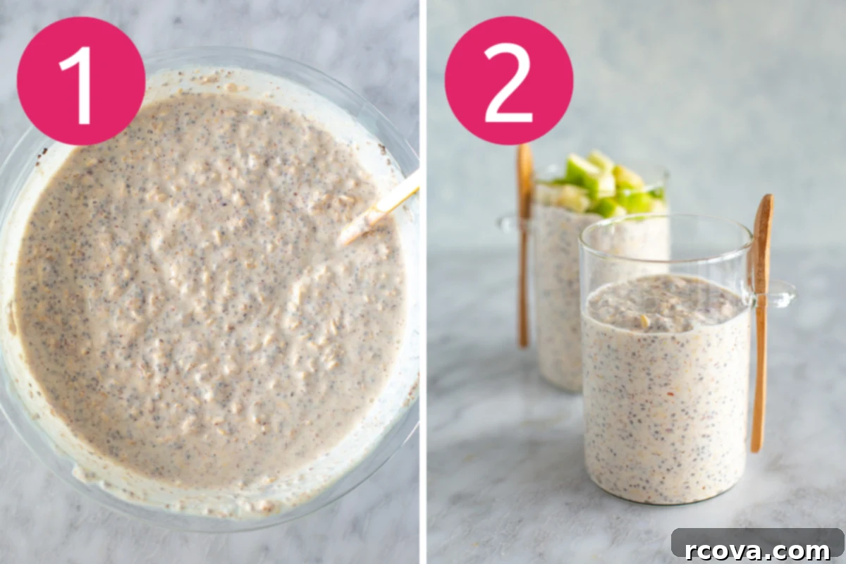 Cozy Apple Cinnamon Overnight Oats 5 A two-part collage image illustrating the easy steps to prepare Apple Cinnamon Overnight Oats: first, mixing all ingredients in a bowl, and second, pouring the mixture into glass jars for chilling.