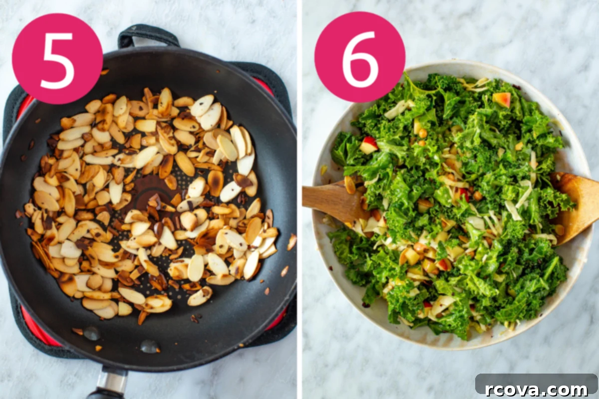 Ultimate Kale Crunch Salad 7 Collage image of Kale Crunch Salad preparation steps 5 & 6: Toasting slivered almonds and assembling the salad ingredients in a large bowl.