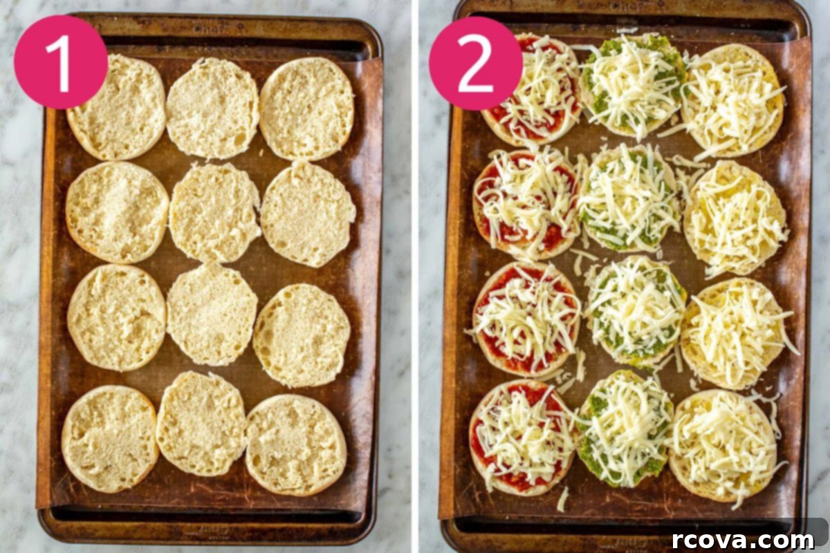 Whip Up Simple Mini Pizzas at Home 5 Steps 1 and 2 for making English muffin pizzas: Slice english muffins and top with sauce and c cheese.