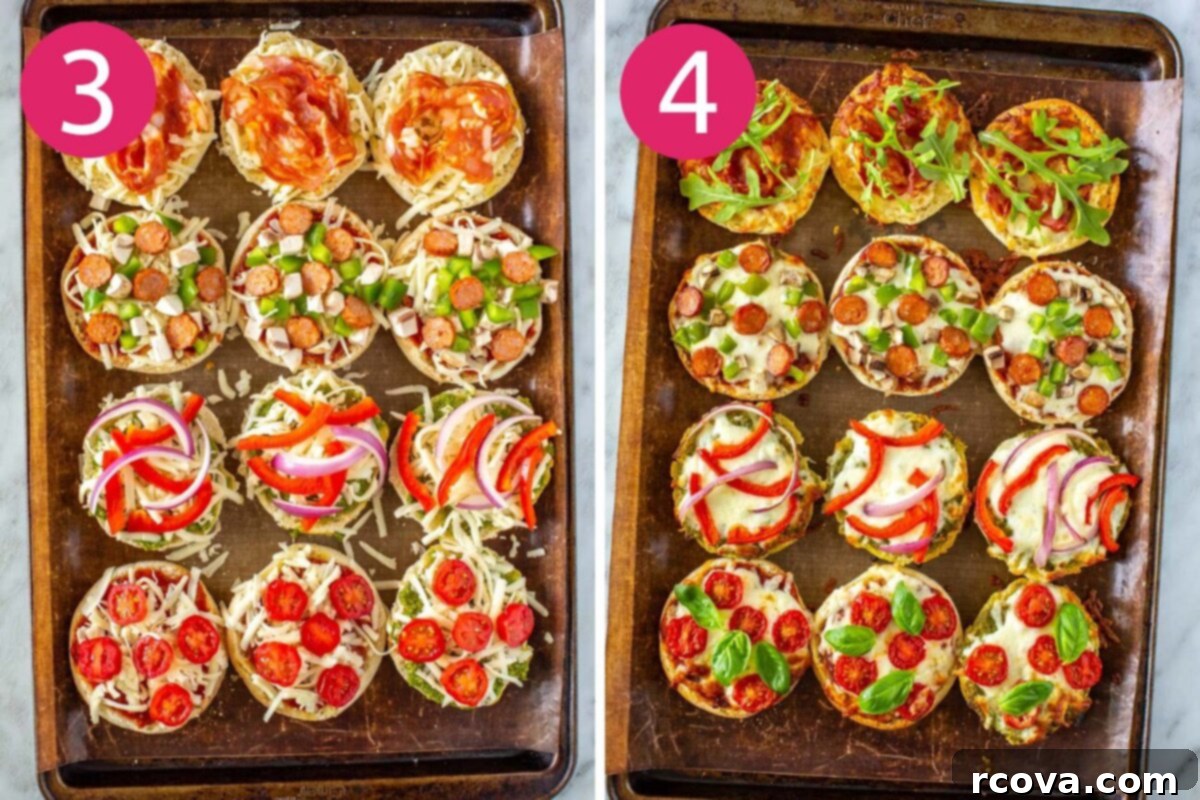 Whip Up Simple Mini Pizzas at Home 6 Steps 3 and 4 for making English muffin pizzas: Add toppings then bake.