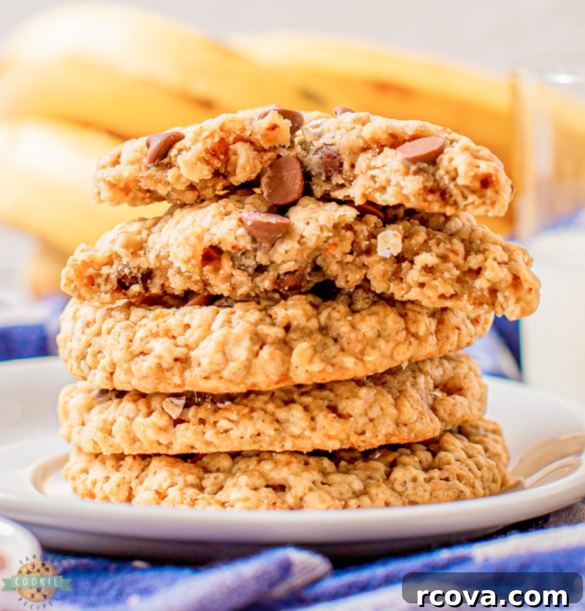 Chewy Banana Chocolate Chip Oatmeal Cookies 3 stack of banana oatmeal chocolate chip cookies
