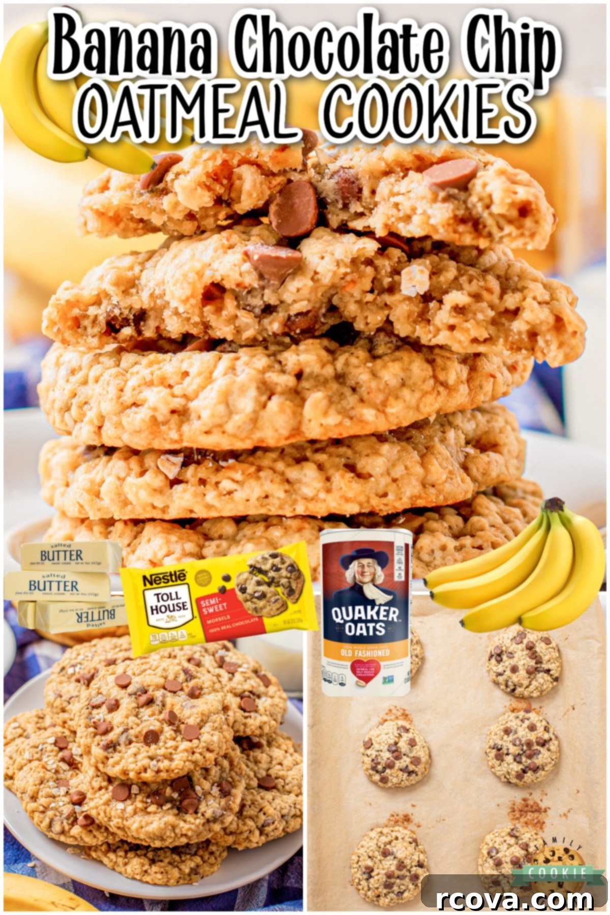 Chewy Banana Chocolate Chip Oatmeal Cookies 7 Banana Chocolate Chip Oatmeal Cookies are chewy, sweet oatmeal cookies packed with chocolate chips and banana! Fantastic buttery banana oatmeal cookies that everyone loves!