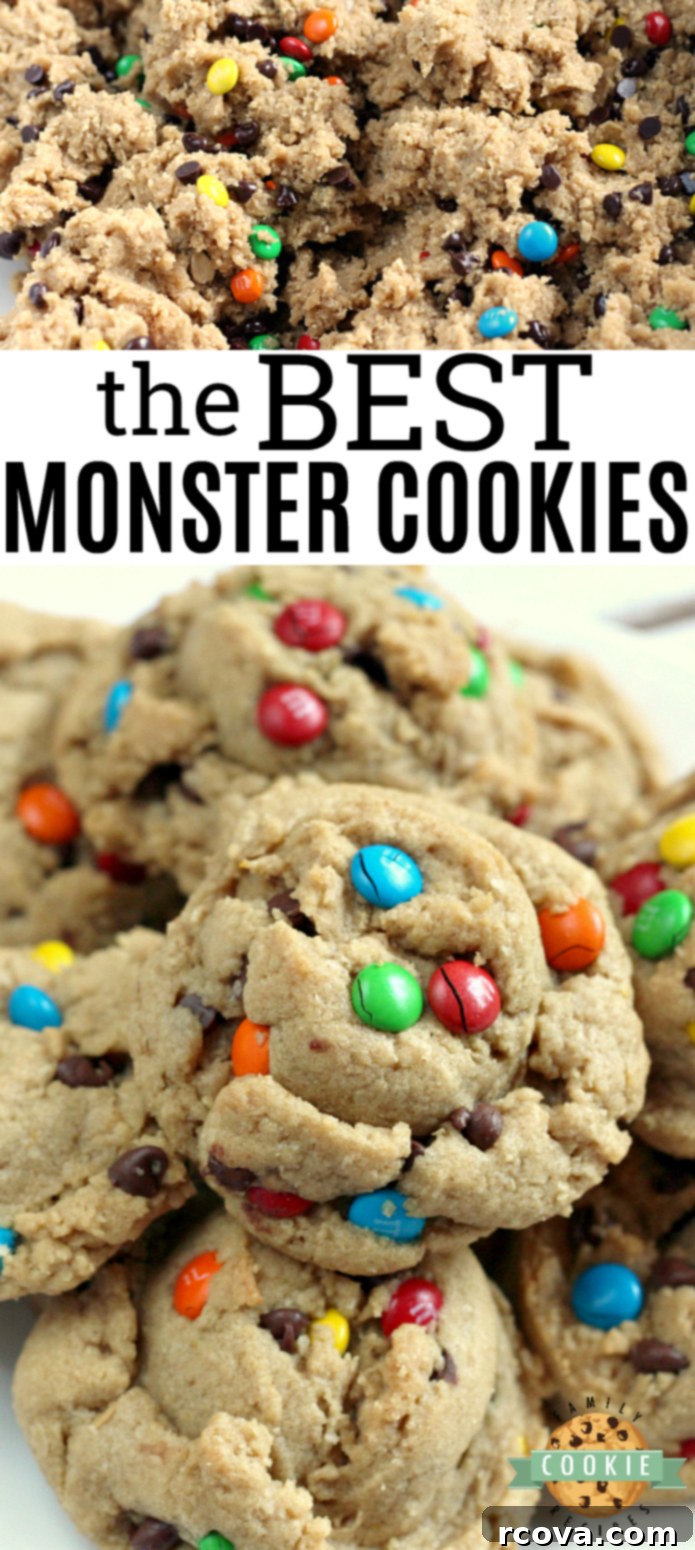 Monster Cookie Perfection 14 Monster Cookies are made with peanut butter, chocolate chips, M&Ms and oatmeal! All of your favorite cookie flavors combined in one delicious cookie!