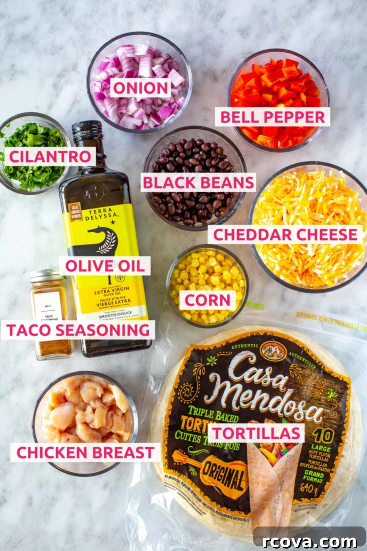 One-Pan Quesadilla Perfection 4 Overhead shot of all the ingredients for easy sheet pan quesadillas with labels.
