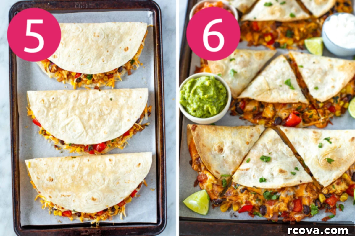 One-Pan Quesadilla Perfection 7 Collage image of Easy Sheet Pan Quesadillas step 5 & 6.