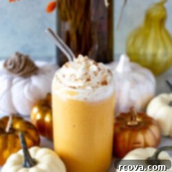 Spiced Pumpkin Protein Fuel 8 Side shot of a glass of pumpkin spice protein shake with whipped cream and a straw, surrounded by decorative pumpkins.