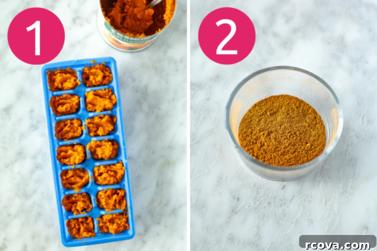 Spiced Pumpkin Protein Fuel 5 Collage image showing steps 3 and 4 of making a Pumpkin Spice Protein Shake: blending ingredients and pouring into a glass.