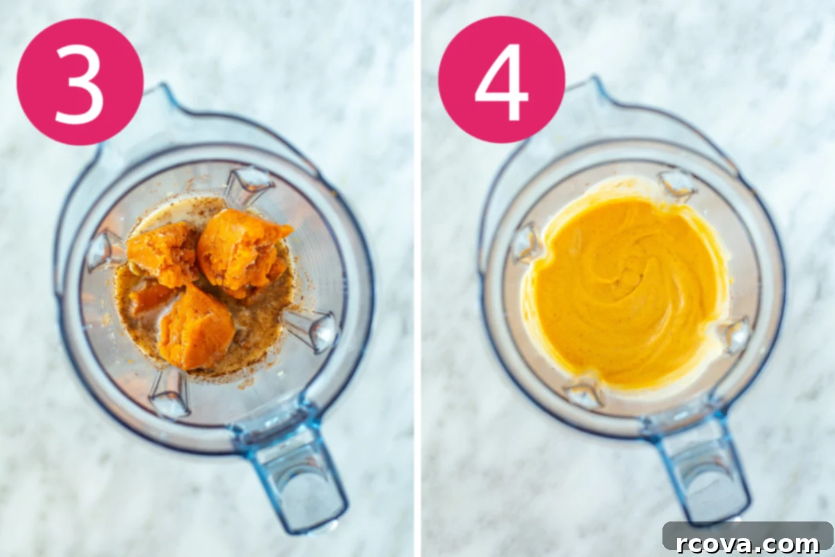 Spiced Pumpkin Protein Fuel 6 Collage image demonstrating steps 1 and 2 of making a Pumpkin Spice Protein Shake: freezing pumpkin puree and mixing spices.