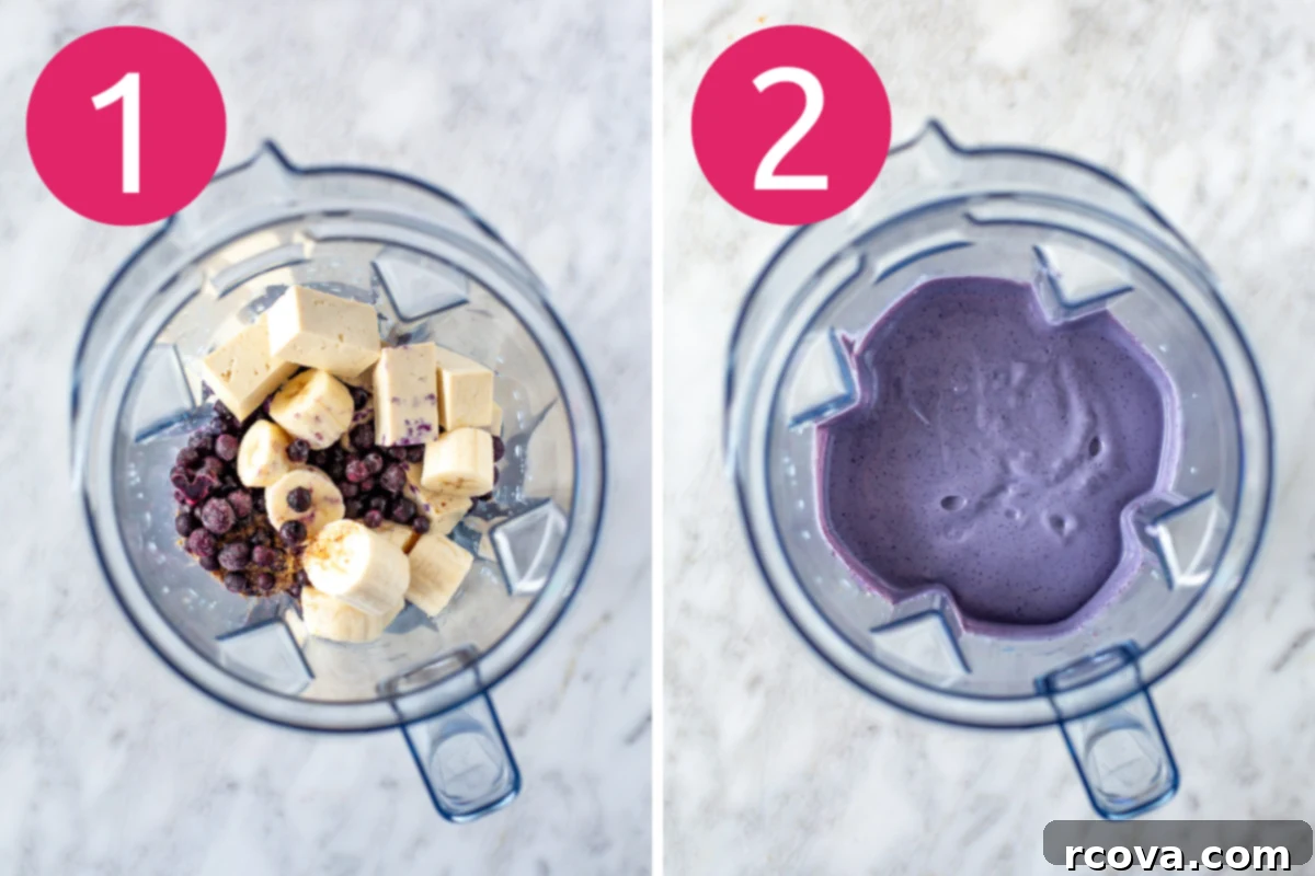 Blueberry Tofu Power Smoothie 5 Collage image of High Protein Blueberry Tofu Smoothie step 1 & 2.
