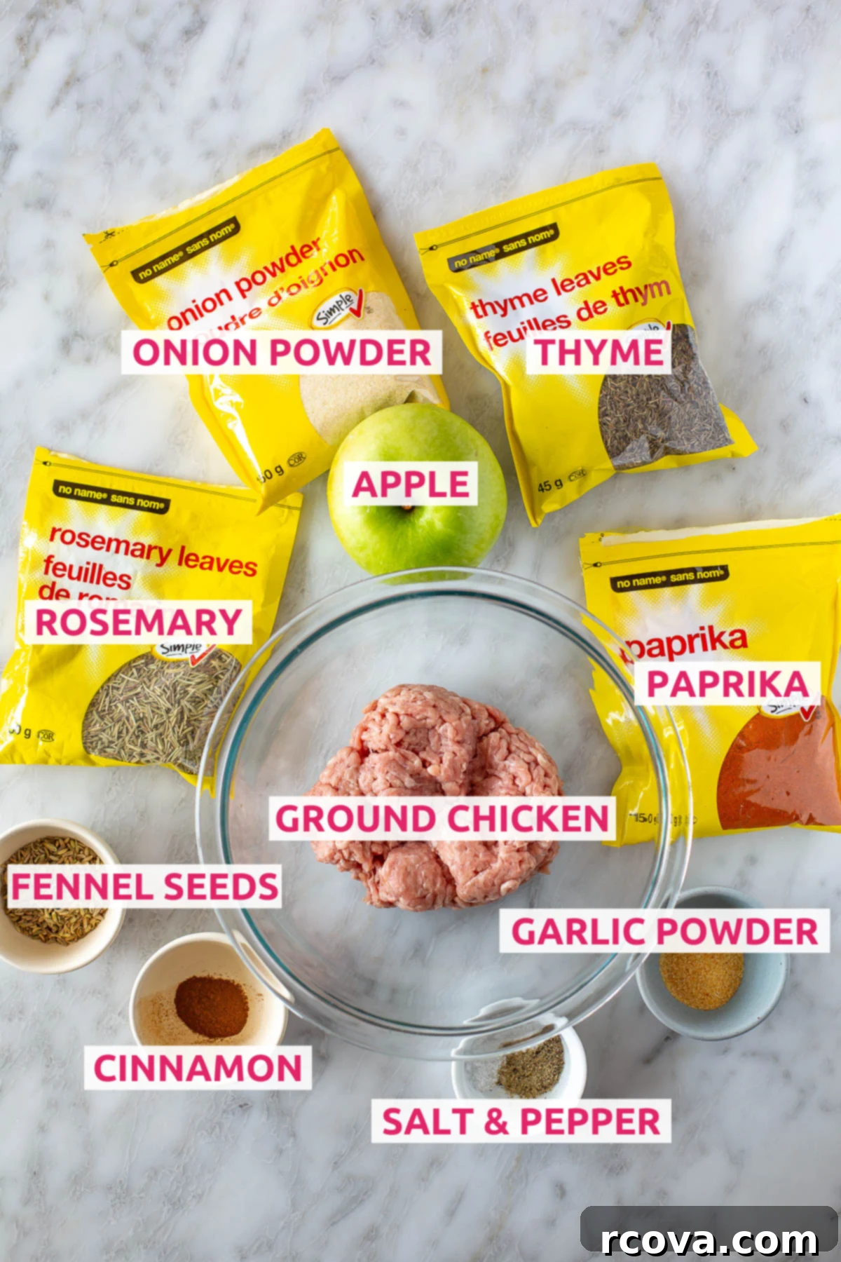 Sweet & Savory Chicken Apple Sausage 4 Overhead shot of all the ingredients for easy chicken apple sausage with labels.
