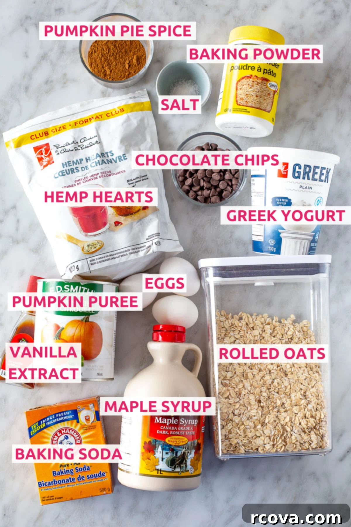 Power-Packed Chocolate Chip Pumpkin Protein Muffins 4 Overhead shot of all the ingredients for Chocolate Chip Pumpkin Protein Muffins with labels.