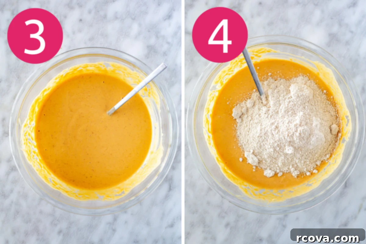 Power-Packed Chocolate Chip Pumpkin Protein Muffins 6 Collage image of Pumpkin Protein Muffins step 3 & 4.