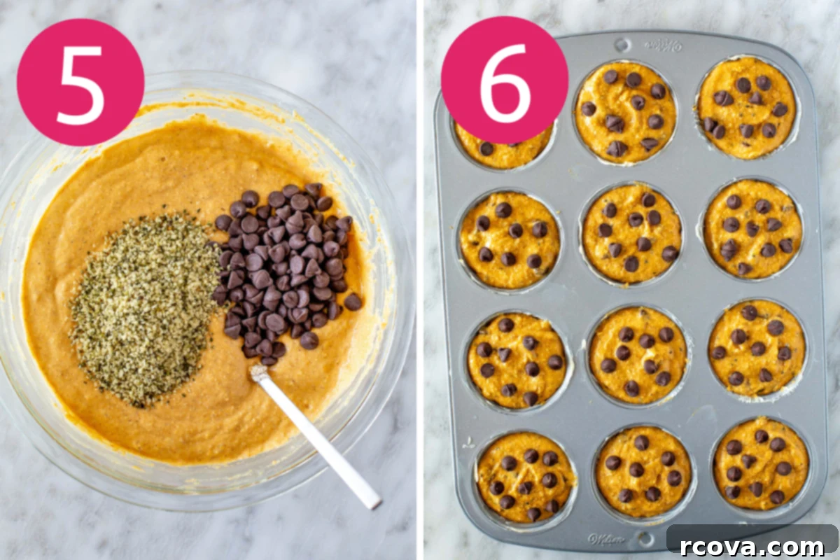 Power-Packed Chocolate Chip Pumpkin Protein Muffins 7 Collage image of Pumpkin Protein Muffins step 5 & 6.