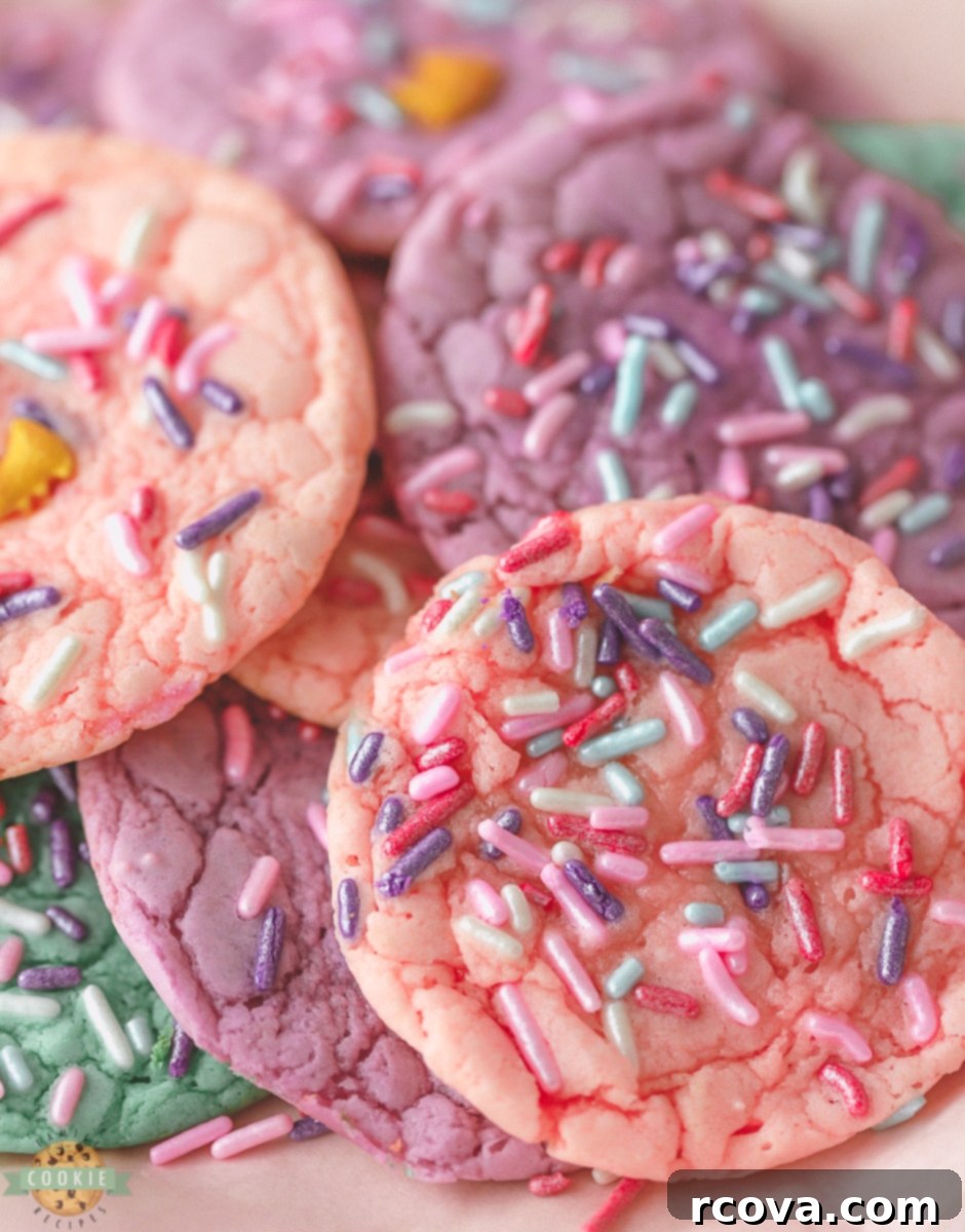 Whimsical Unicorn Delights Made Easy 2 pink, purple and teal easy unicorn cookies with sprinkles