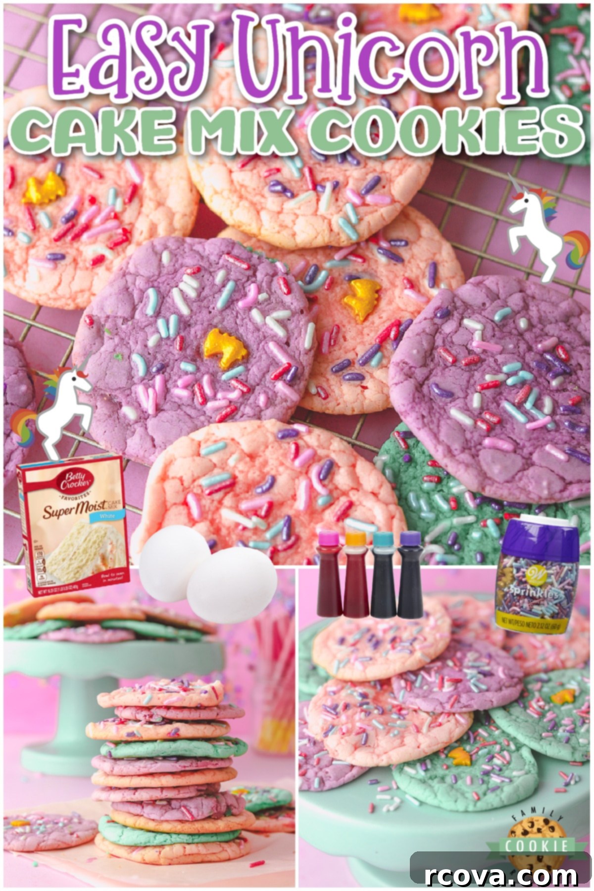 Whimsical Unicorn Delights Made Easy 5 Easy Unicorn Cookies made with cake mix, eggs, oil & sprinkles! Fun, colorful cake mix cookie recipe with a unicorn inspired theme perfect for birthday parties!