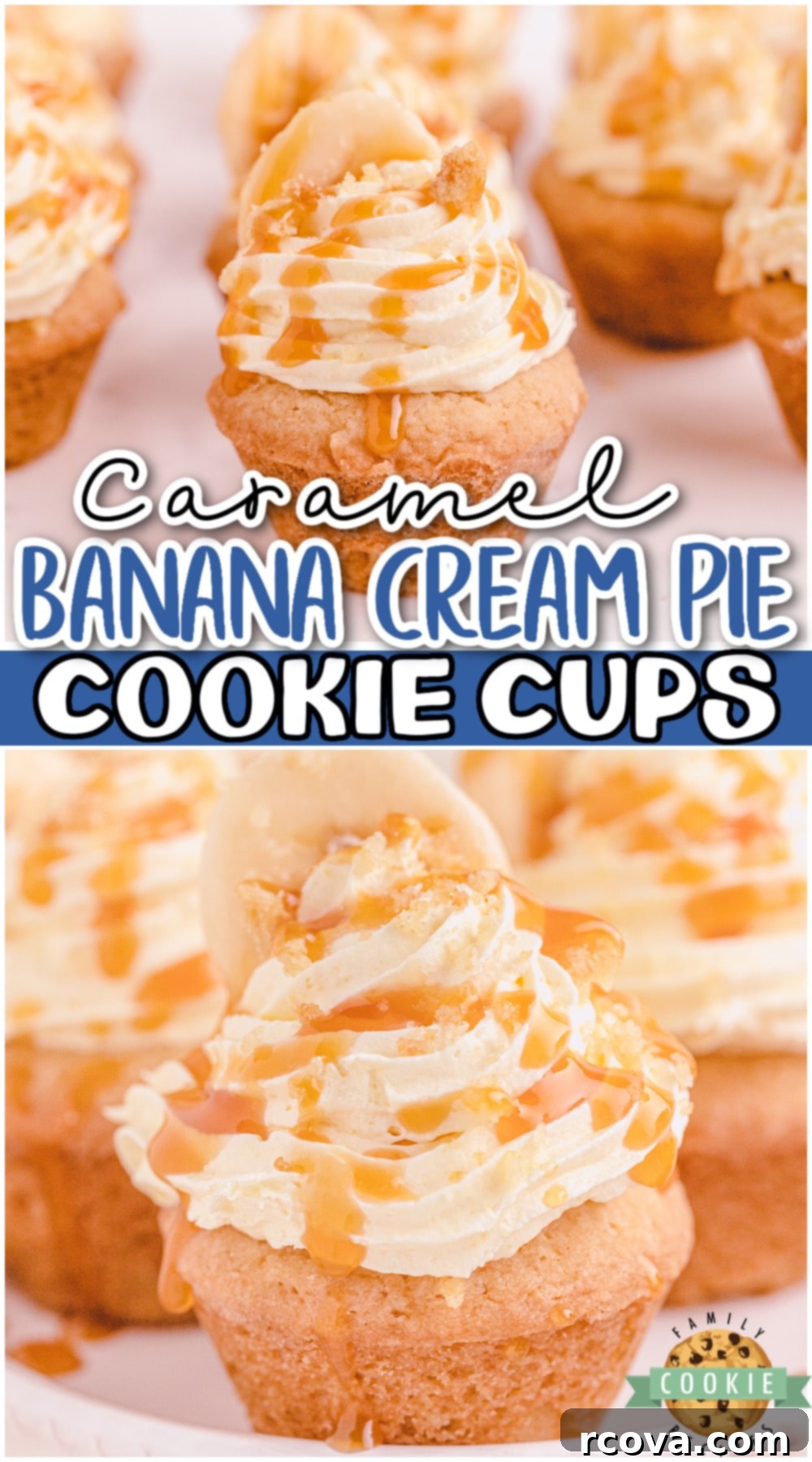 Golden Caramel Banana Bliss Cookies 13 Caramel Banana Cream Pie Cookies: Miniature banana cream pies with caramel drizzle, a sweet creamy banana filling, and a tender sugar cookie crust. Decadent and easy dessert recipe.