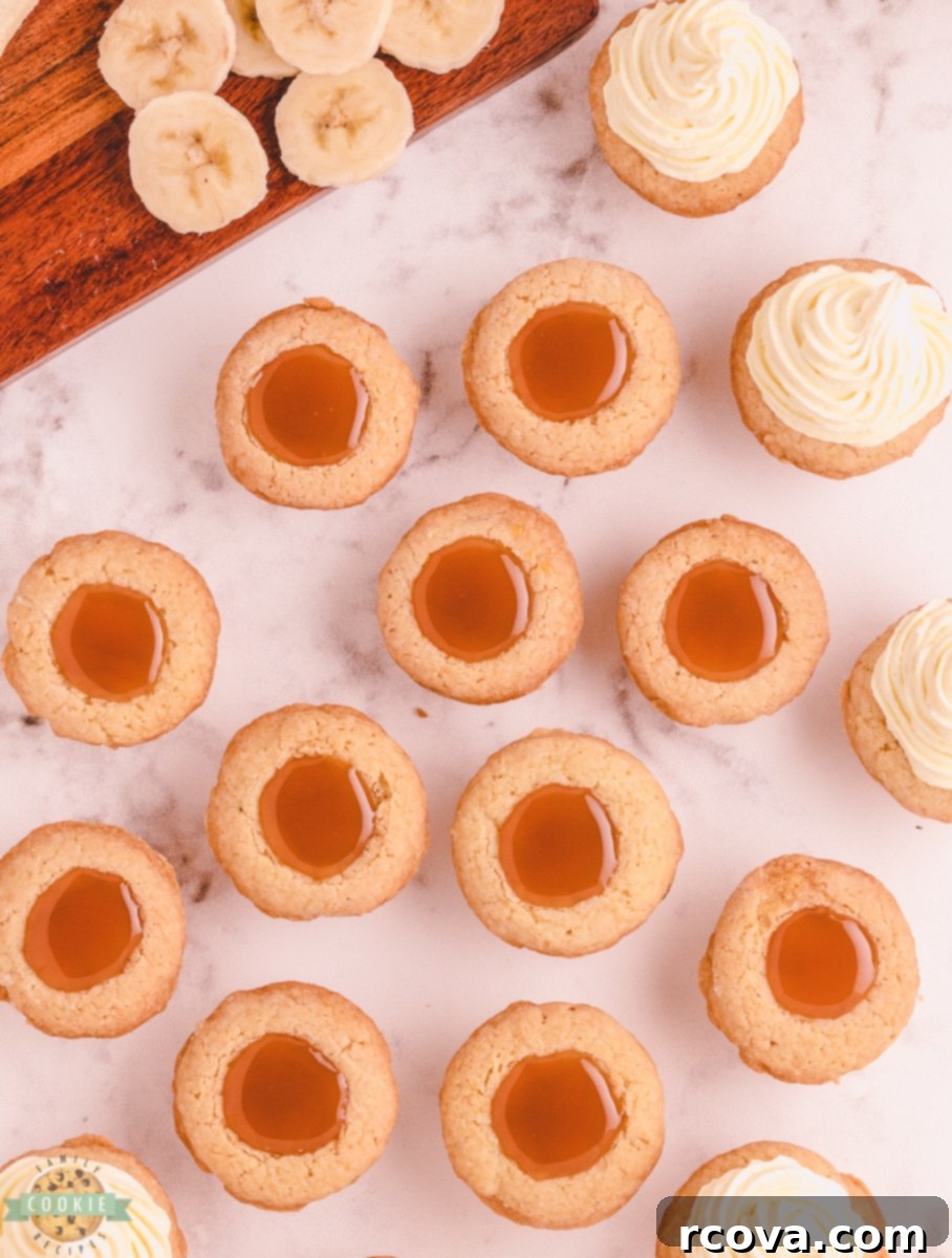 Golden Caramel Banana Bliss Cookies 6 mini cookie cups in a muffin tin with caramel