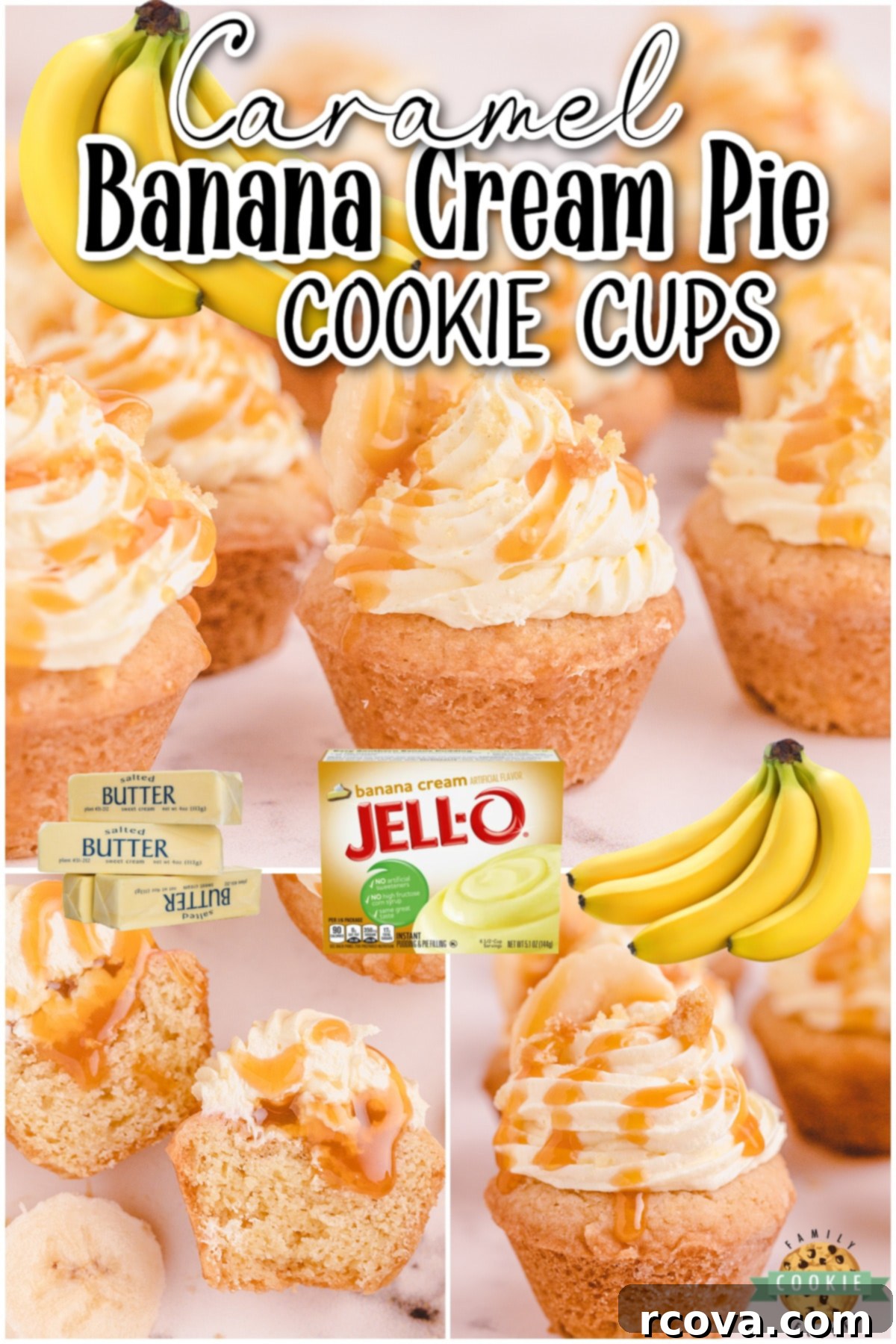 Golden Caramel Banana Bliss Cookies 8 Caramel Banana Cream Pie Cookies: Miniature banana cream pies topped with buttery caramel and fresh bananas, perfect for any occasion.