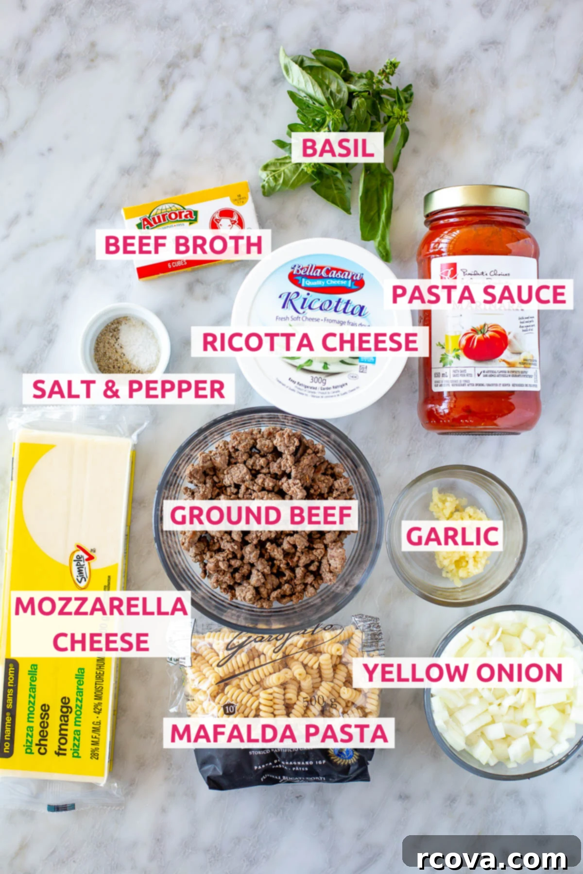 Effortless Slow Cooker Lasagna Soup 4 Overhead shot of all the individual ingredients for Easy Crockpot Lasagna Soup, neatly laid out with labels.