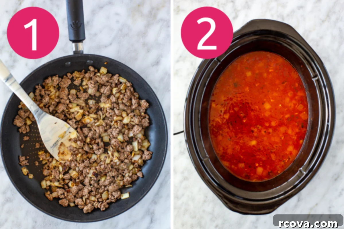 Effortless Slow Cooker Lasagna Soup 5 Collage image showing the first two steps of making Easy Crockpot Lasagna Soup: browning beef and loading slow cooker.
