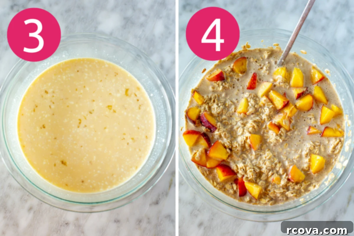 Protein-Packed Peachy Baked Oats 6 Collage image depicting the next steps of baked peach oatmeal preparation, combining wet and dry mixtures.