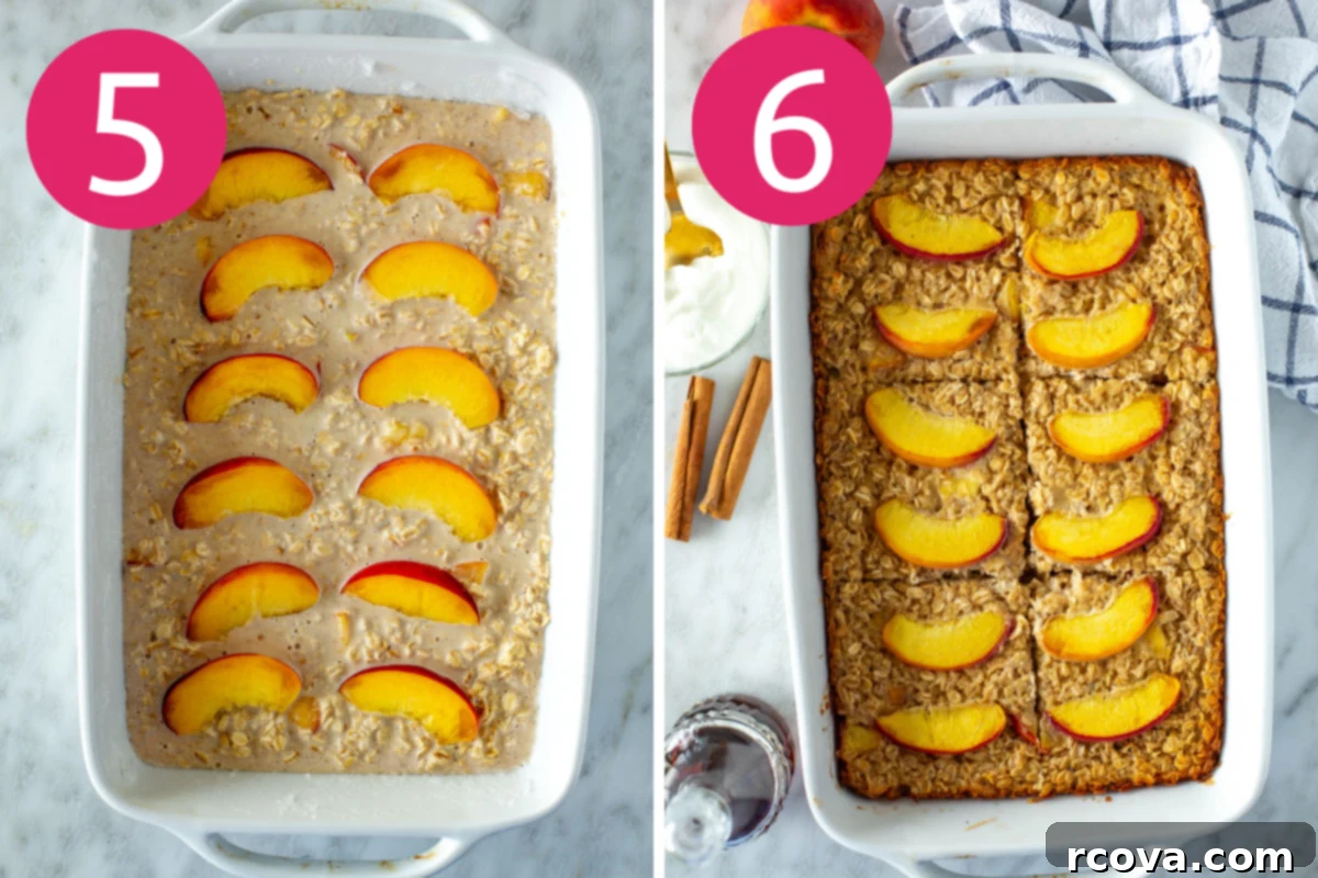 Protein-Packed Peachy Baked Oats 7 Collage image demonstrating the final steps of preparing baked peach oatmeal before baking.
