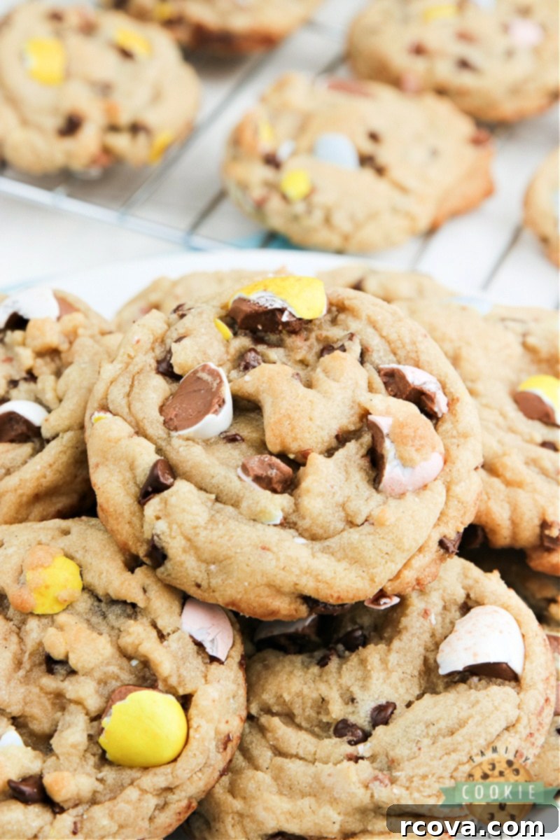 Cadbury Mini Egg Cookie Bliss 2 Cadbury Mini Egg Cookies are soft, chewy and filled with your favorite Easter candy! Delicious cookie recipe made with chocolate chips and crushed Cadbury Mini Eggs.