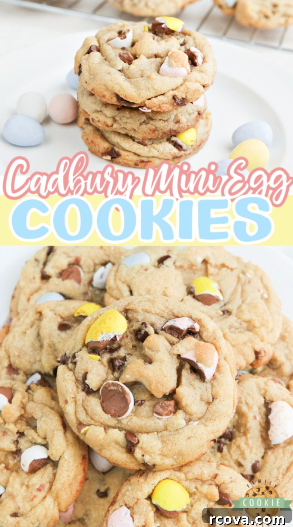 Cadbury Mini Egg Cookie Bliss 11 Cadbury Mini Egg Cookies are soft, chewy and filled with your favorite Easter candy! Delicious cookie recipe made with chocolate chips and crushed Cadbury Mini Eggs.
