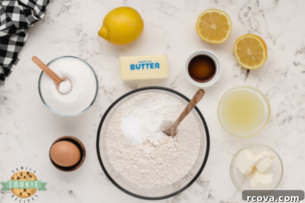 Sunshine Lemon Cheesecake Cookies 4 A collage of ingredients for Lemon Cream Cheese Cookies, including butter, cream cheese, sugar, eggs, flour, lemons, and baking essentials