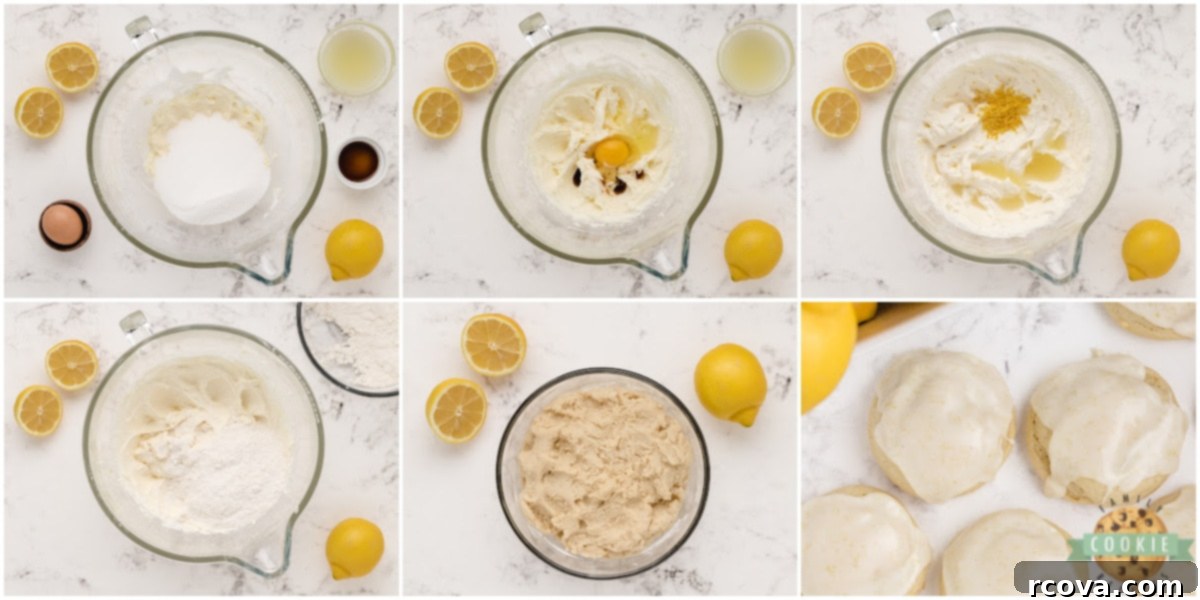 Sunshine Lemon Cheesecake Cookies 5 A step-by-step visual guide showing different stages of making Lemon Cream Cheese Cookies, from mixing ingredients to finished cookies