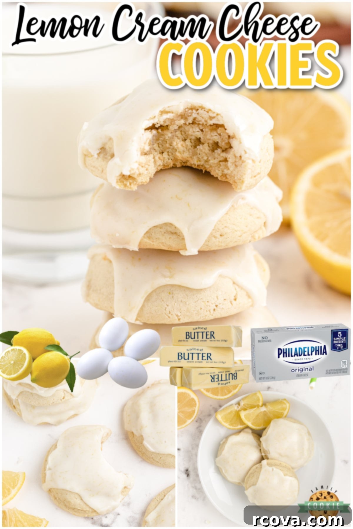 Sunshine Lemon Cheesecake Cookies 6 A collage of beautiful lemon cream cheese cookies from various angles, showcasing their soft texture and shiny glaze.