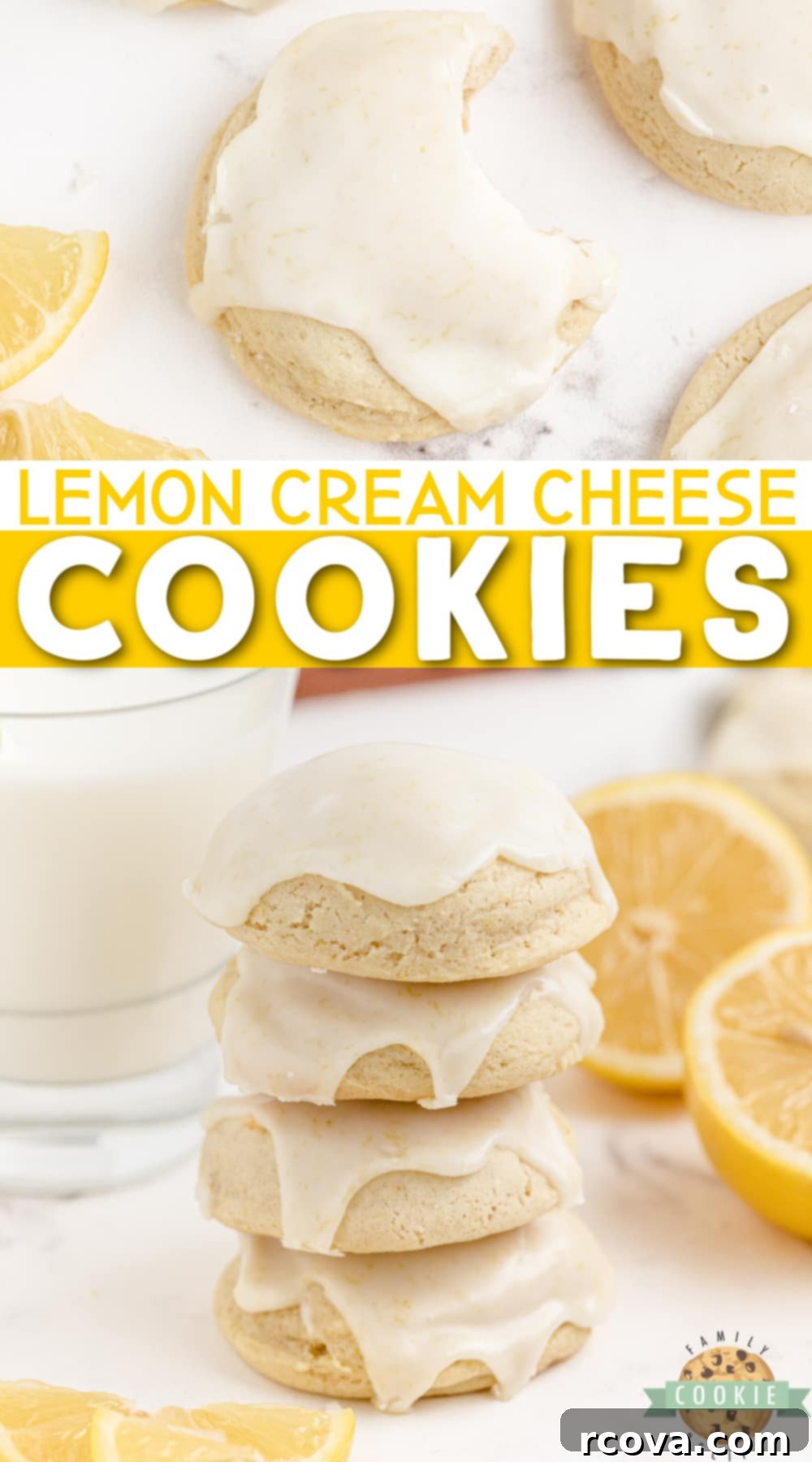 Sunshine Lemon Cheesecake Cookies 10 Beautifully arranged Lemon Cream Cheese Cookies with glaze and zest on a cooling rack, ready to be served.