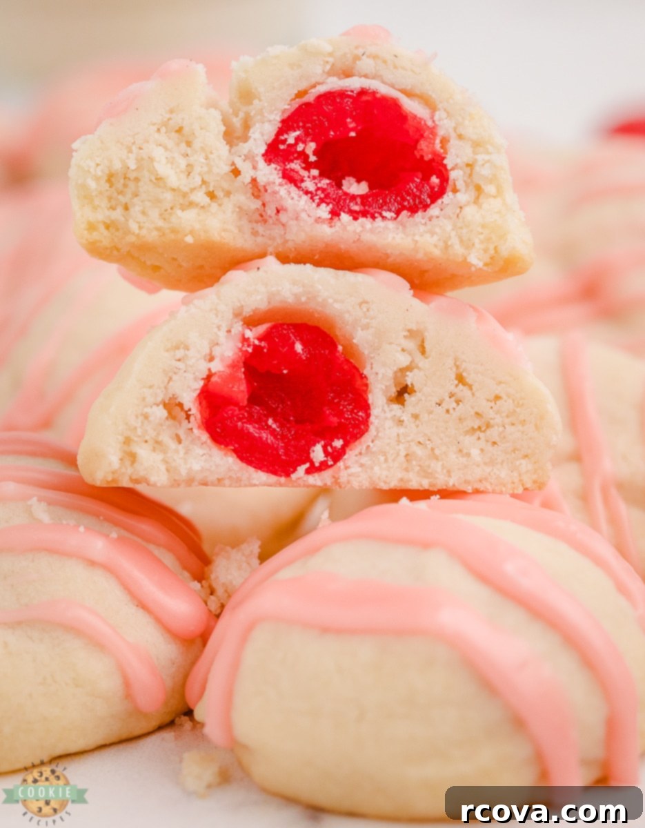 Crimson Cherry Shortbread Gems 2 Tender, buttery Cherry Shortbread Cookies with a hidden maraschino cherry center and a delicate pink glaze.