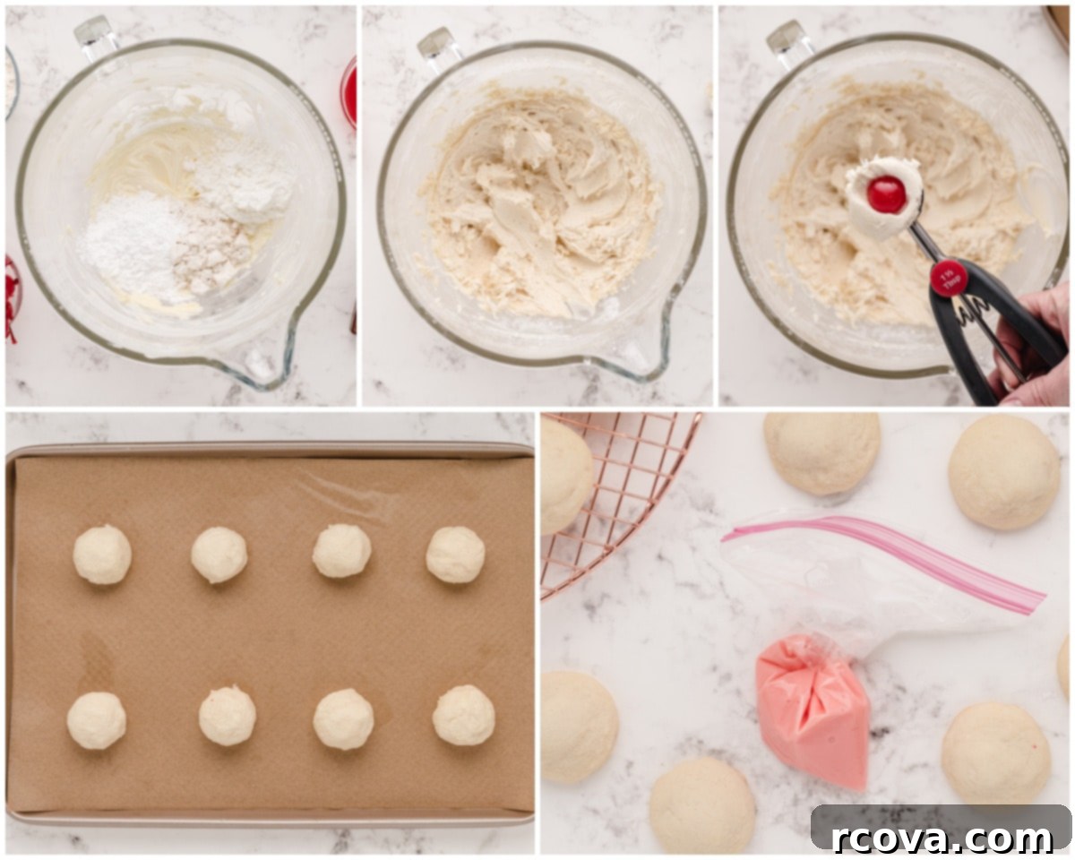 Crimson Cherry Shortbread Gems 4 Step-by-step process of making cherry shortbread cookies, showing dough preparation and cherry placement.