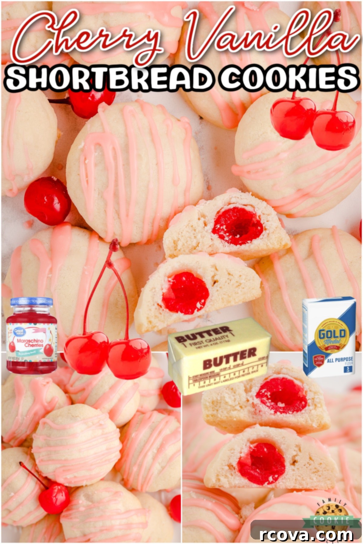 Crimson Cherry Shortbread Gems 6 A collage of Cherry Shortbread Cookies, showcasing their buttery texture, hidden cherry, and beautiful icing drizzle.