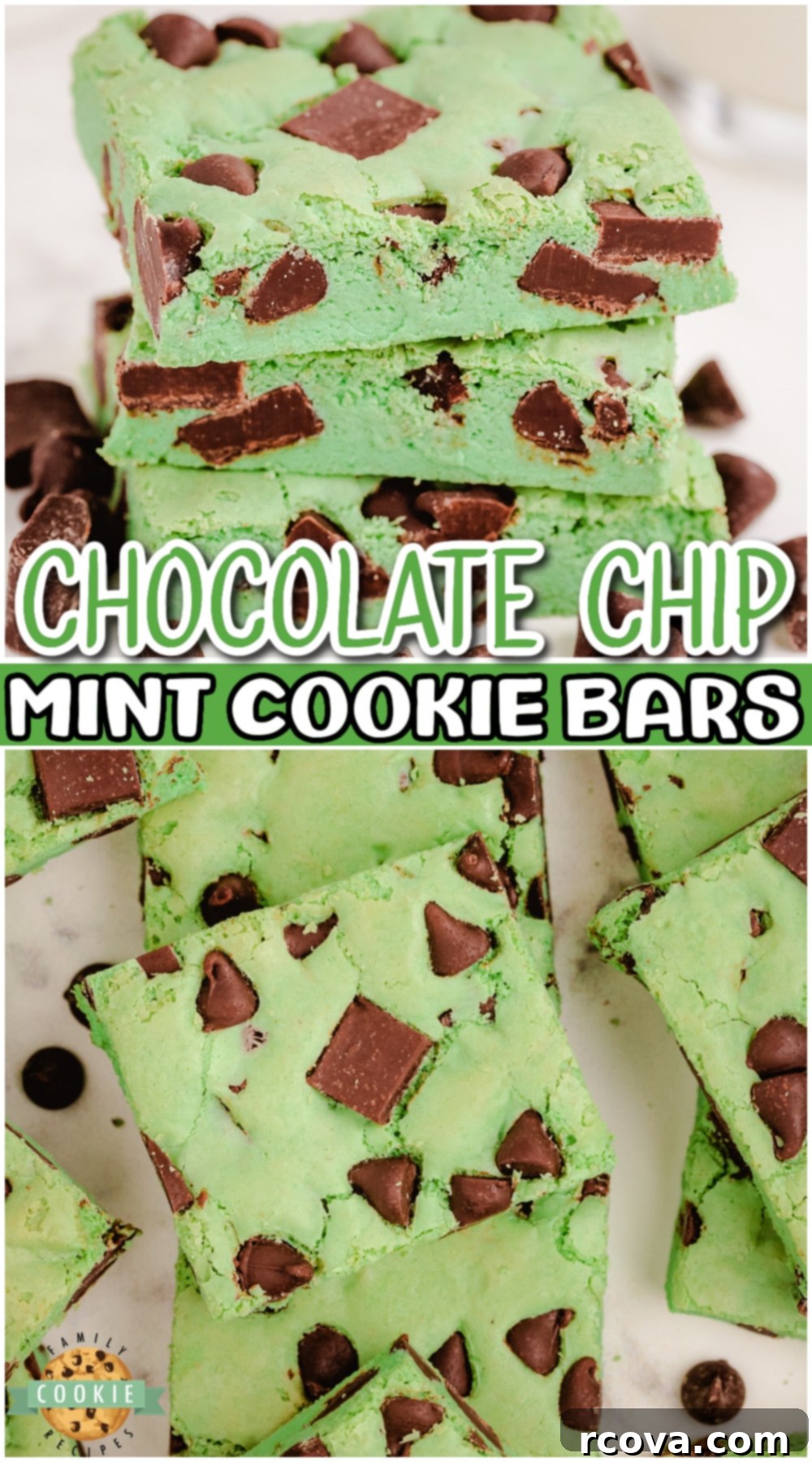 Refreshing Mint Chocolate Chip Cookie Bars 11 A Pinterest-optimized image showcasing mint chocolate chip cookie bars, emphasizing their festive green color and chewy texture for St. Patrick's Day or any sweet craving.