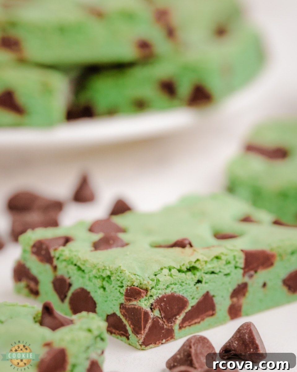 Refreshing Mint Chocolate Chip Cookie Bars 4 A close-up shot of the chewy texture of the mint chocolate chip cookie bars.