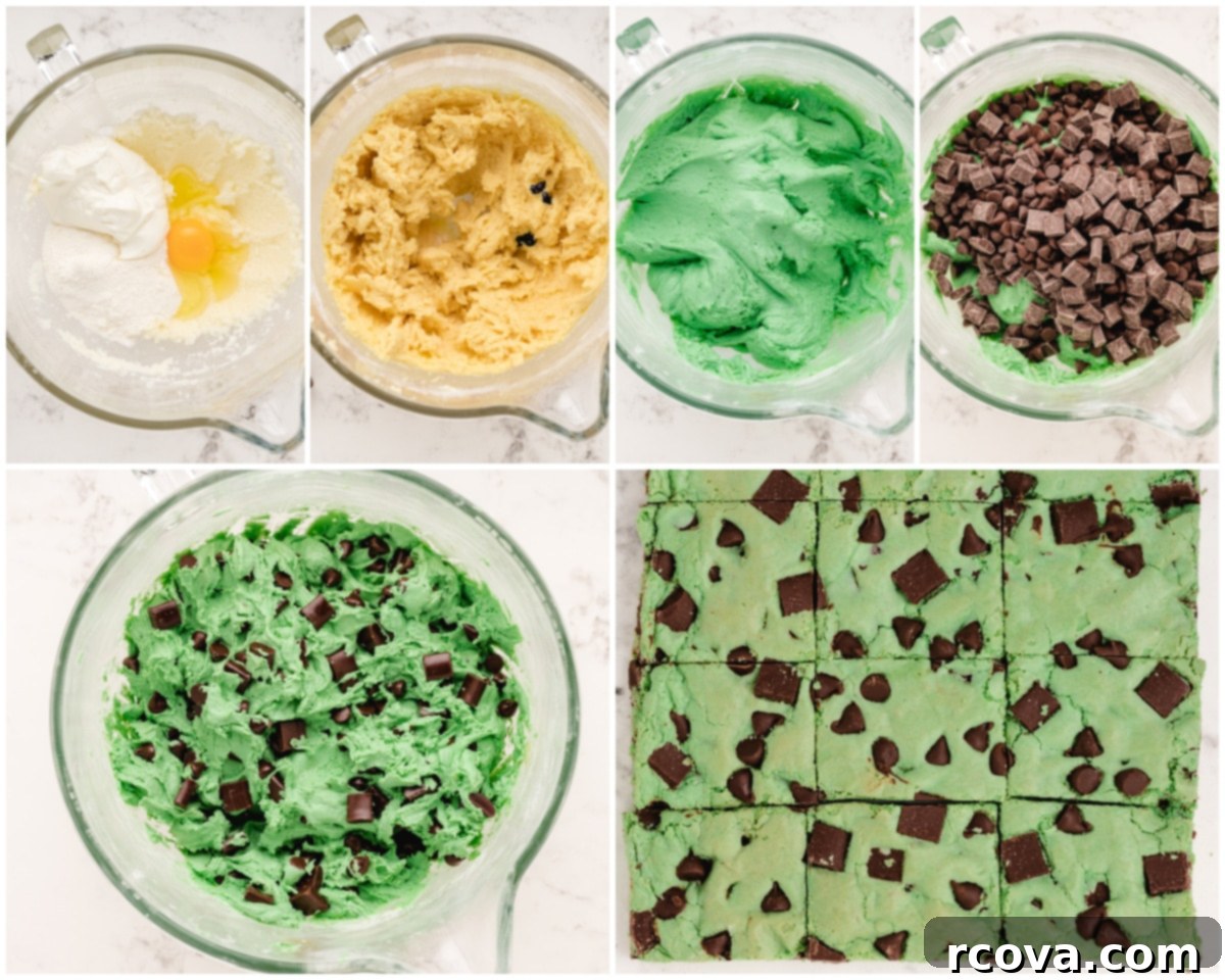 Refreshing Mint Chocolate Chip Cookie Bars 5 Step-by-step image showing how to prepare the dough for green mint chocolate chip cookie bars.