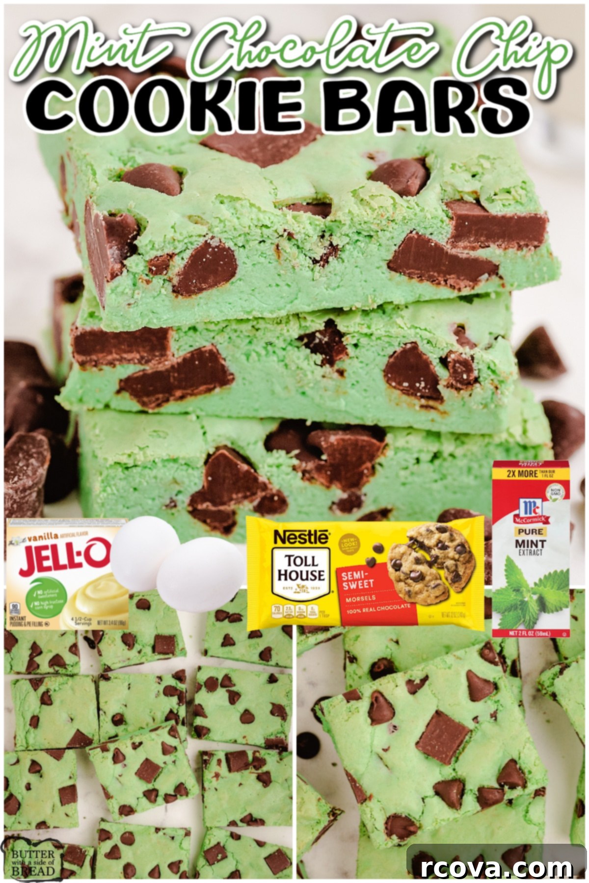 Refreshing Mint Chocolate Chip Cookie Bars 8 Mint chocolate chip cookie bars arranged decoratively, ideal for St. Patrick's Day dessert, highlighting their homemade appeal and vibrant green.