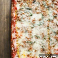 The Ultimate Online Lasagna 9 Easy Homemade Lasagna with 3 Sauces, a close-up of the delicious baked dish.