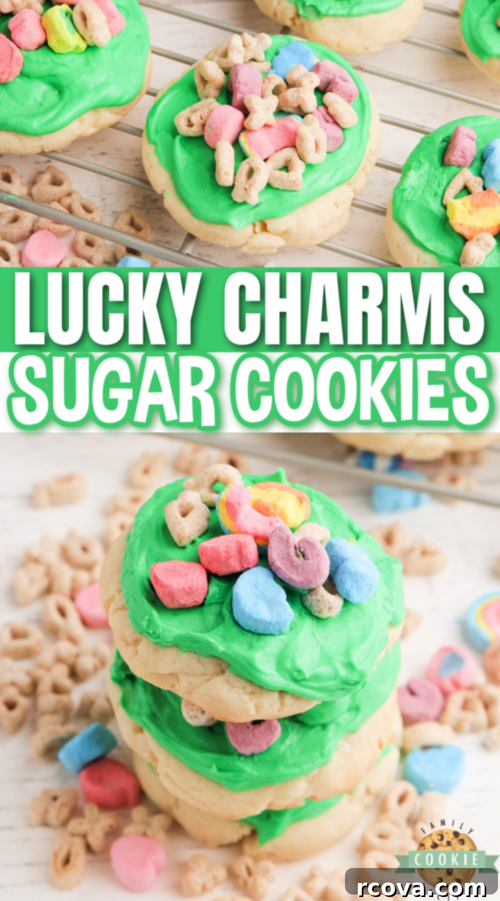 Lucky Charms Marshmallow Cookie Magic 11 Lucky Charms Sugar Cookies are soft, sweet and perfect for St. Patrick's Day! Absolutely perfect cream cheese sugar cookie recipe frosted with a simple buttercream frosting and topped with Lucky Charms cereal.